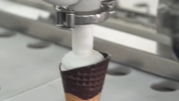 Ice Cream Production, Waffle Cup Ice Cream Filling Process, Transportation Waffle-cone with Plombir alt