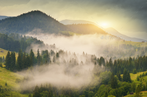 Carpathian mountain range at early morning sunrise. - Stock Photo - Images