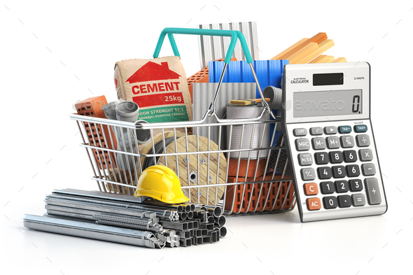 Shopping basket full of construction materials and tools with calculator.  - Stock Photo - Images