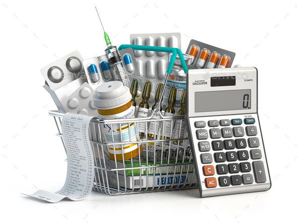 Shopping basket full of medicine, and pills with calculator.  - Stock Photo - Images