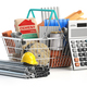 Shopping basket full of construction materials and tools with calculator.  - PhotoDune Item for Sale