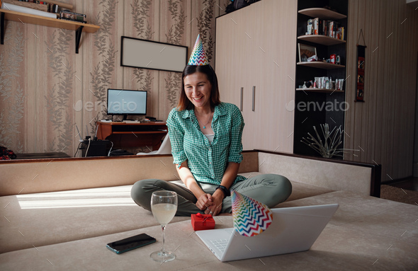 woman celebrating birthday online in quarantine time. - Stock Photo - Images