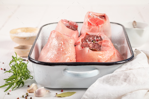 Ingredients for roasted pork knuckle as regional dish in Bavaria. - Stock Photo - Images