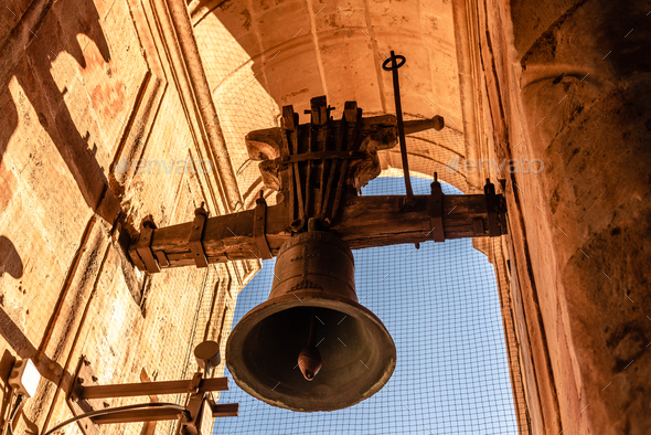 Old Bell at the Top of Medieval Church in Salamanca - Stock Photo - Images