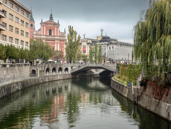 Ljubljanica river canal in Ljubljana, Slovenia - Stock Photo - Images