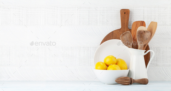 Cooking utensils on kitchen table - Stock Photo - Images