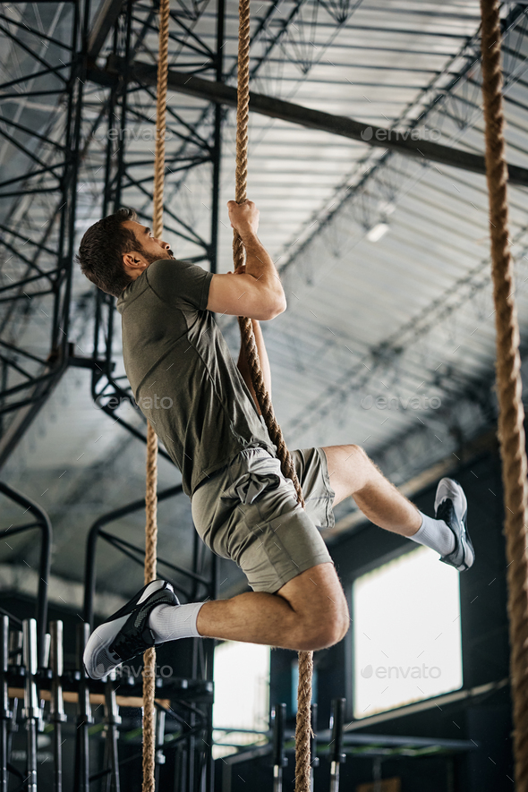 Athletic man climbing up the rope during cross training in a gym. Stock  Photo by drazenphoto