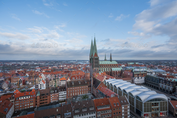 Aerial view of Lubeck with St. Mary Church (Marienkirche) - Lubeck, Germany - Stock Photo - Images