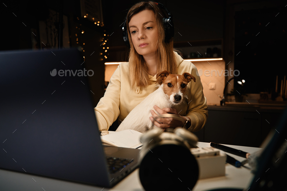Woman and dog using laptop at night - Stock Photo - Images
