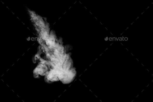 White curling dense smoke vapor flying down is isolated on a black background to overlay your photos