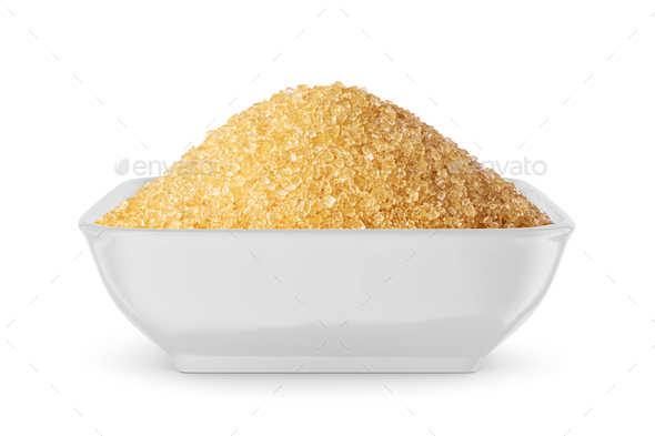 Dark brown granulated sugar in white bowl isolated on white. Side view. - Stock Photo - Images