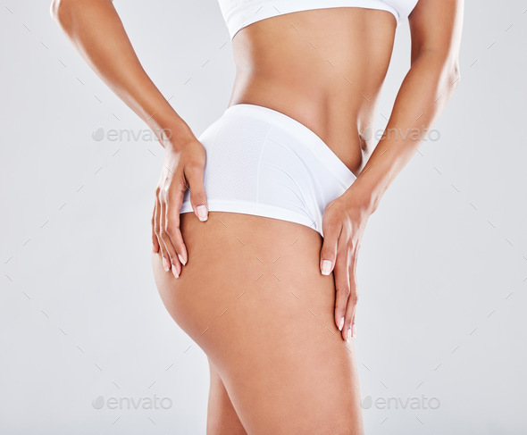 Cellulite, skincare and body of woman for fitness, slimming treatment and liposuction on white back