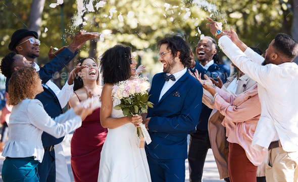 Confetti, wedding couple and marriage celebration of crowd throwing ...