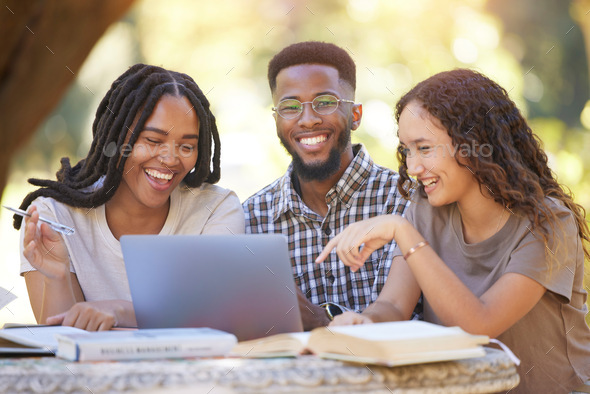Students, friends and group with laptop laughing at funny meme. Education scholarship, comic portra