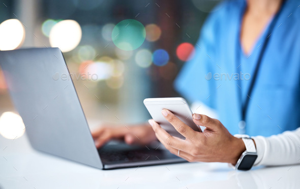 Laptop, healthcare and hands of nurse with phone for medical research, planning and schedule in hos - Stock Photo - Images
