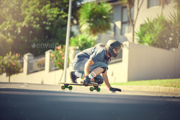 Skateboard, street and mock up with a sports man skating or training outdoor while moving at speed