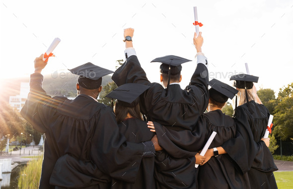 Graduation, group and back view of students celebrate education success ...