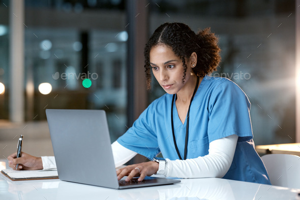 Laptop, healthcare and doctor writing in notebook for medical research, planning and schedule in ho - Stock Photo - Images