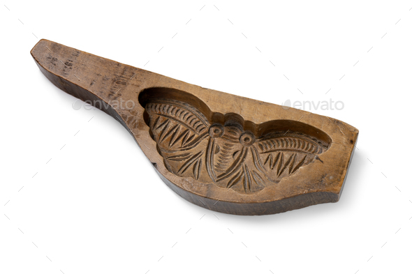 Antique Chinese wooden handcarved cake mold on white background - Stock Photo - Images