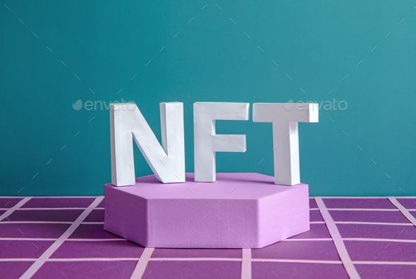 NFT on the podium as a minimum concept of a blockchain token for online - Stock Photo - Images