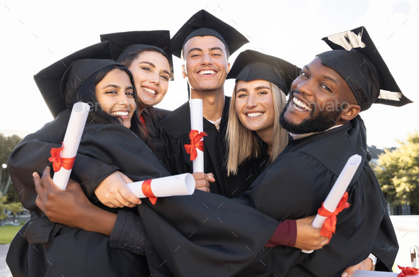 Graduation, group portrait and hug for celebration, success and education event outdoor. Diversity, - Stock Photo - Images