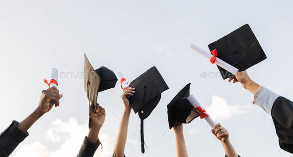 Graduation certificate and group of hands in sky with winning success in college education. Learnin - Stock Photo - Images