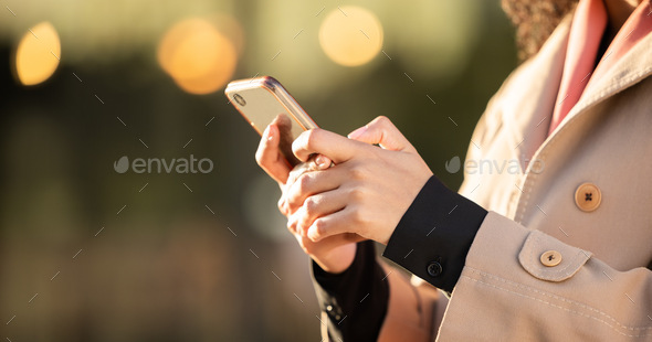 Hands, communication or business woman with phone for networking or social media in London street. - Stock Photo - Images
