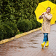 Happy senior woman in yellow rain coat with yellow umbrella Encouraging self-care and relaxation - PhotoDune Item for Sale