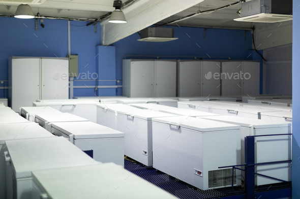Warehouse with white refrigerators