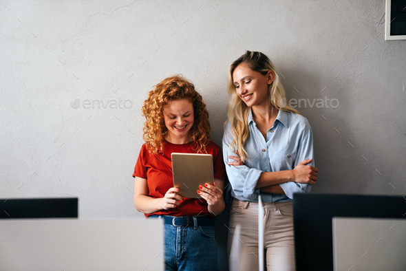 Portrait of happy young people working together and having fun in office. Business work concept - Stock Photo - Images