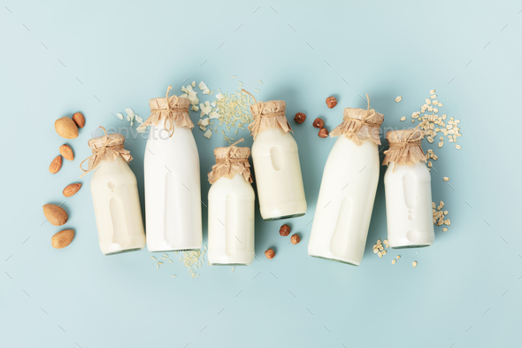 on dairy plant based milk in bottles  - Stock Photo - Images