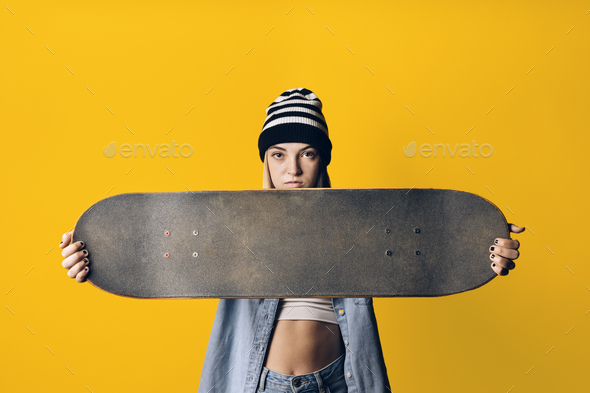 Girl With Skateboard Portrait - Stock Photo - Images