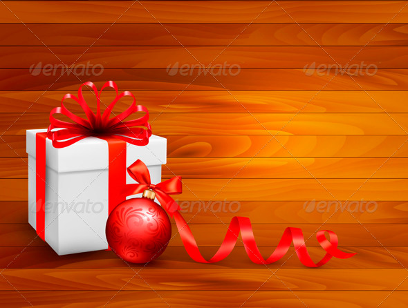 Holiday Background with Gift Box and Red Ball - Christmas Seasons/Holidays