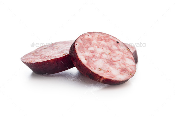Sliced smoked pork sausage isolated on white background. - Stock Photo - Images