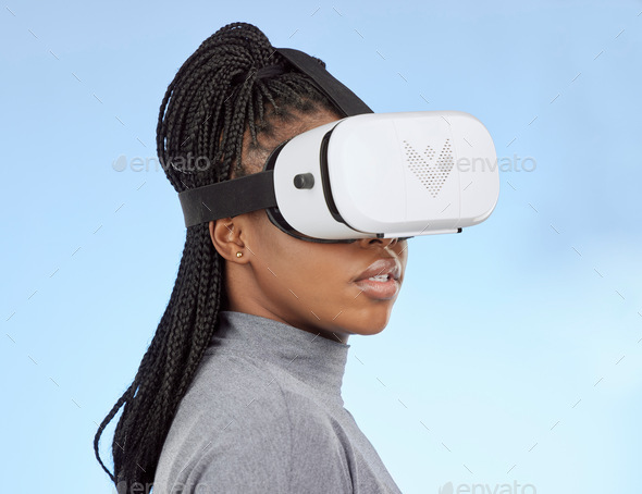 Vr, gaming and digital with black woman and metaverse for future, cyber and 3d system. Media, ui an