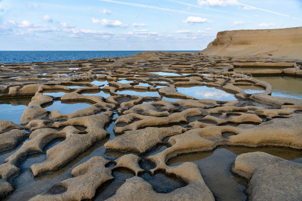 Salt evaporation pans on Gozo, Malta - Stock Photo - Images