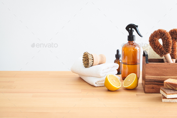 Zero waste eco products and tools for kitchen cleaning, copy space