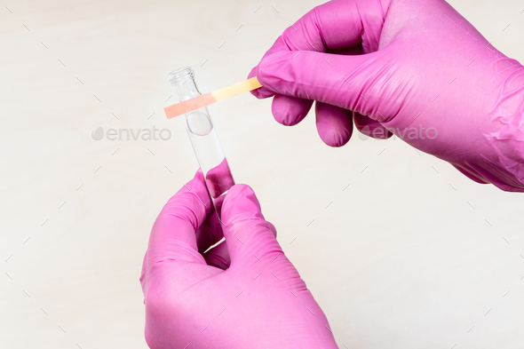 hands holding pink acid litmus test and test tube - Stock Photo - Images
