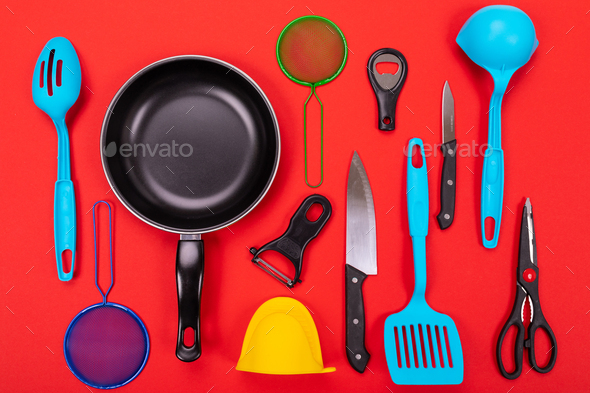 Kitchen utensils on work top, Stock image