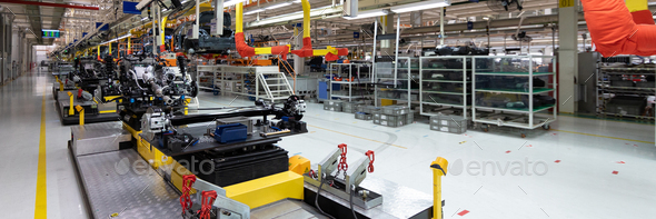 Automotive production line. Long format. Wide angle view of plant of automotive industry. Can be