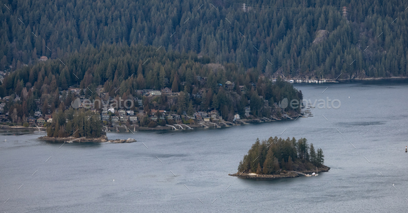 Residential Homes on the water in Indian Arm. Aerial View. - Stock Photo - Images