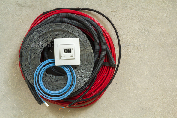 Heating floor system wires, cables and control panel.