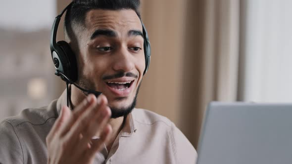 Emotional Male Operator Businessman Arab Man Guy Service Assistant Recruiter Wear Headphones with alt