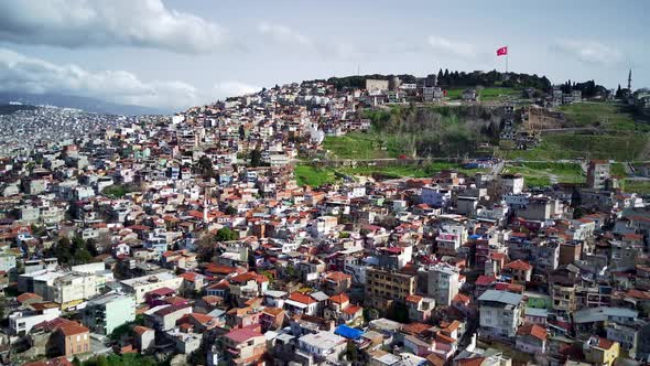Drone view on poverty slum district and muslim mosque alt