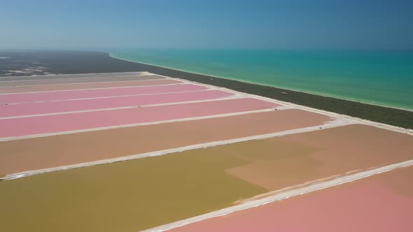 Scenic Aerial View of Artificial Pink Salt Lakes at Near Caribbean Sea Coast