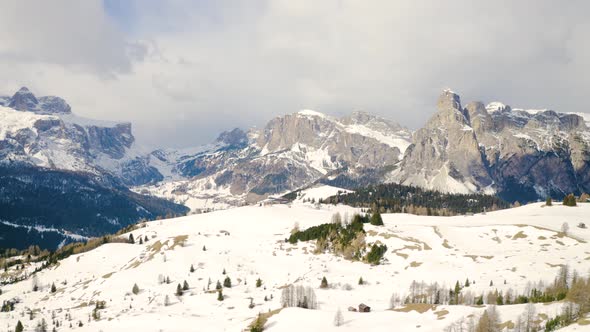 Aerial, Beautiful View On Snowy Dolomites Mountains, Huge Peaks And Beautiful Winter Landscape