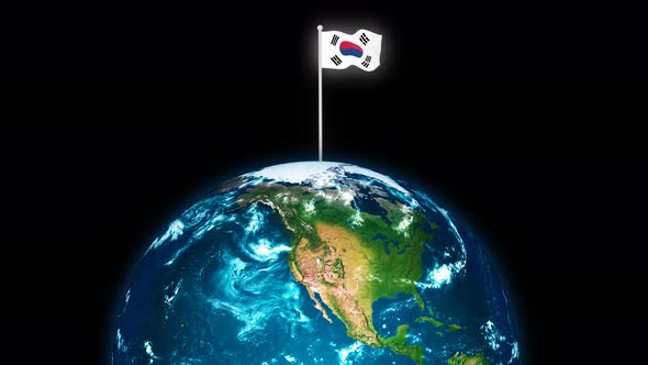 3d Rotated Planet Earth On Flying South Korea Flag Animation alt