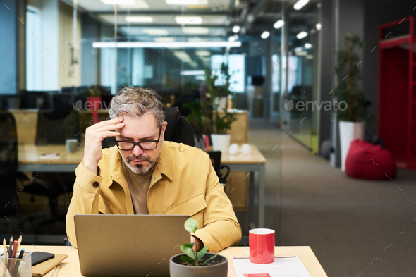 Serious mature office worker looking through online data on laptop screen - Stock Photo - Images