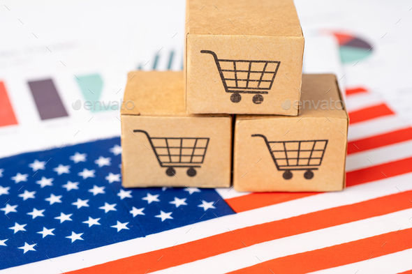 Box with shopping cart logo and USA United State America flag.
