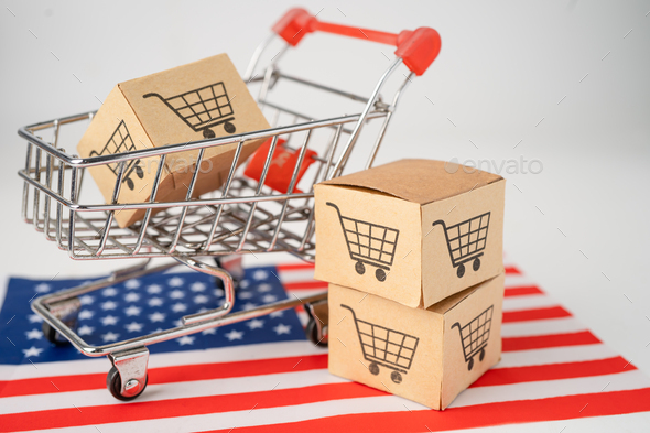 Box with shopping cart logo and USA america flag, Import Export Shopping online.